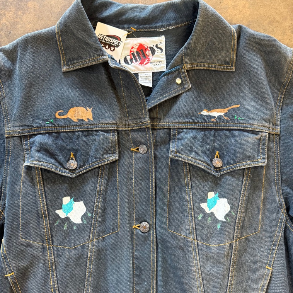 Vintage 90s Ginos Denim Jacket Painted Texas Graphic Animal Embroidery Medium - Picture 7 of 8